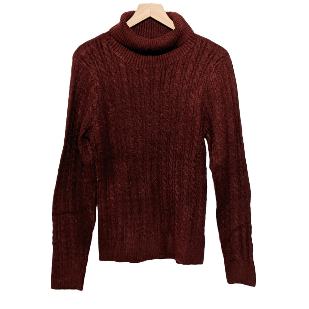 Olivia Sky Womens Cable Knit Turtleneck Sweater Size M Burgundy Back Cutout NWT
